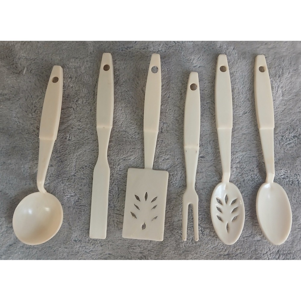 Vintage Plastic Toy Kitchen Utensils 6pc Set Pretend Play Cream Realistic